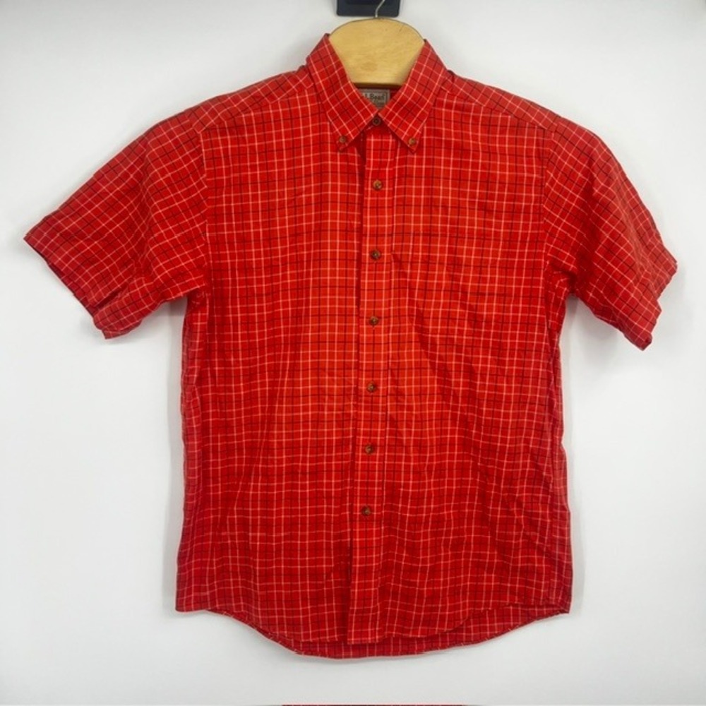 LL Bean Men's Orange Grid Short Sleeve Wrinkle Free Traditional Fit Shirt Medium